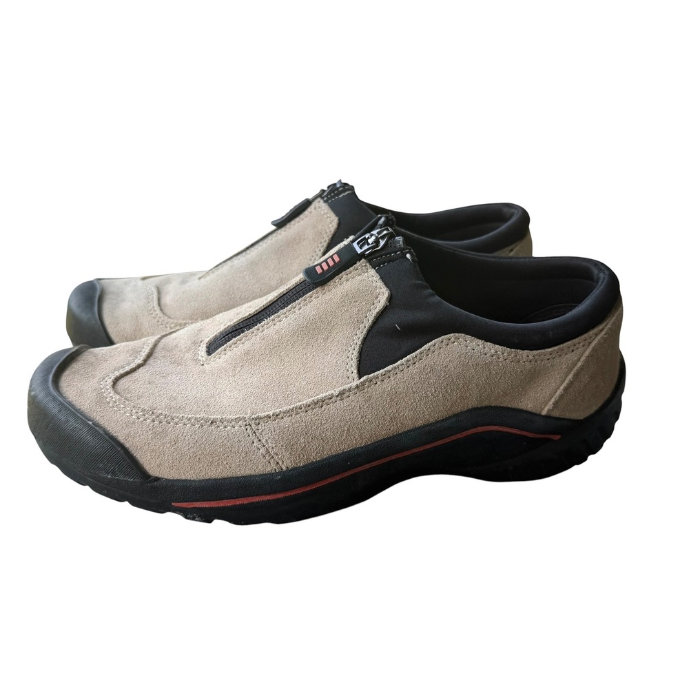 Lands End Womens 7B All Weather Tan Suede Front Zip Slip On Rubber Sole 322424
